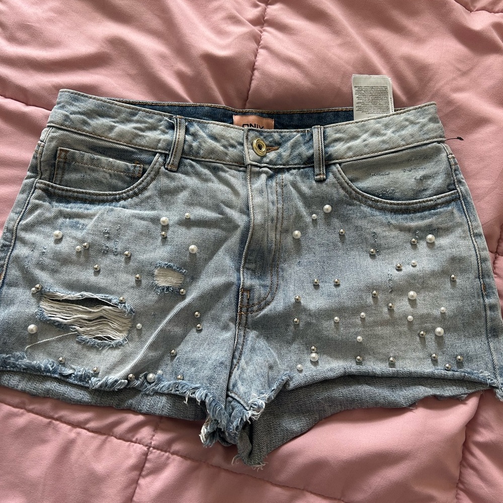 Only Light Blue Jean Shorts with Pearl Details